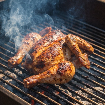 Authentic Jamaican jerk chicken grilling over pimento wood, smoke rising around the chicken, vibrant spices visible, no text, no words, no typography, 8K, natural lighting