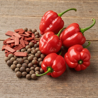 Assortment of fresh Scotch bonnet peppers, allspice berries, and pimento wood chips on a rustic wooden background