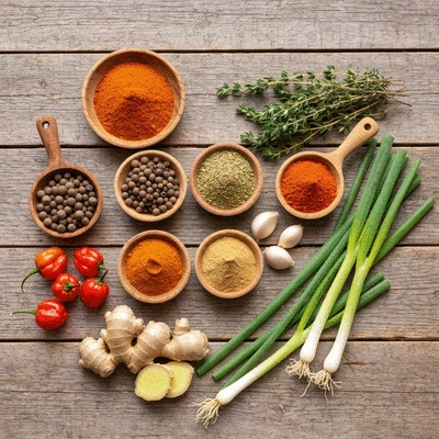 Assortment of jerk spices and ingredients, vibrant and fresh