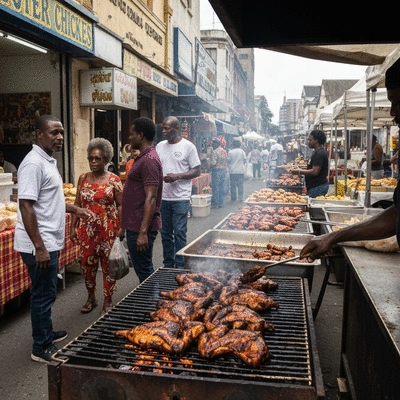 Vibrant Jamaican market scene with jerk cooking
