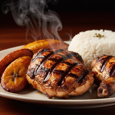 Close-up view of perfectly grilled Jamaican jerk chicken on a plate with plantains and rice, steam rising, vibrant colors, no text, no words, no typography, no labels, clean image
