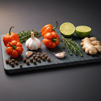 Assortment of fresh jerk marinade ingredients