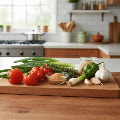 Assortment of fresh Scotch bonnet peppers, pimento wood, and jerk marinade ingredients on a wooden board