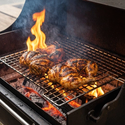 Jerk chicken cooking on a traditional pimento wood grill