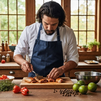 Chef preparing jerk chicken with marinade
