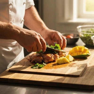 A chef's hands preparing jerk chicken with fresh herbs and tropical fruits on a clean wooden cutting board