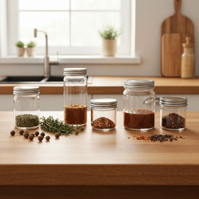 Airtight glass jars and metal containers for storing jerk marinade on a rustic wooden kitchen counter, with fresh spices nearby, no text, no words, no typography, 8K