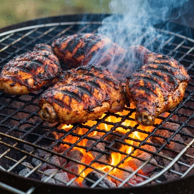 Authentic Jamaican jerk chicken sizzling on a grill over pimento wood, smoke rising, vibrant colors, close-up, no text, no words, no typography, clean image
