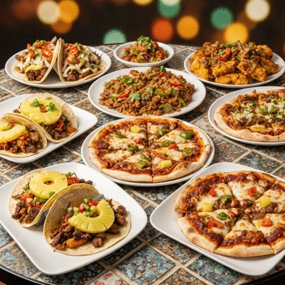 Diverse jerk fusion dishes, such as jerk tacos and jerk pizza, on a vibrant table, clean image, no text, no words, no typography