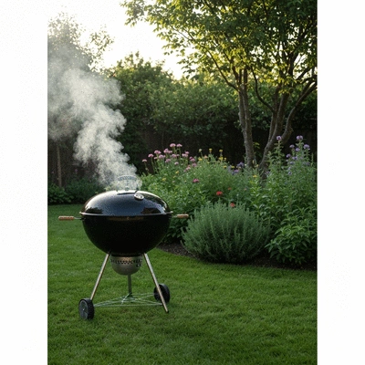 Weber Kettle grill in a backyard setting with smoke gently rising, ready for jerk cooking