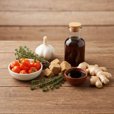 Assortment of fresh jerk marinade ingredients on a rustic wooden table