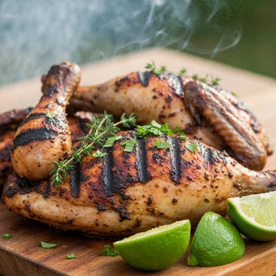 Close-up of perfectly grilled Jamaican jerk chicken with vibrant spices, smoky aroma, and fresh herbs, served on a rustic wooden board with lime wedges, outdoor setting, natural lighting, no text, no words, no typography, clean image