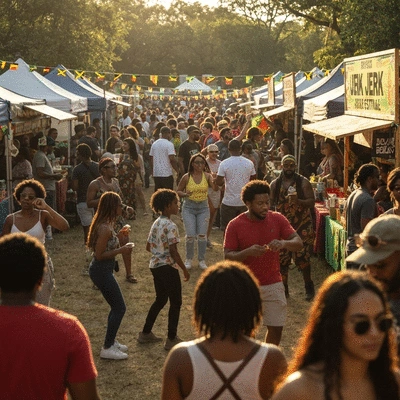 Lively Jamaican jerk festival scene with people enjoying food and music, vibrant colors, outdoor setting