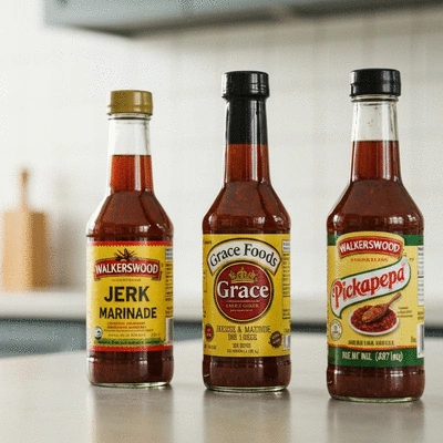Various brands of Jamaican jerk marinade bottles arranged neatly on a kitchen counter, showcasing different labels and packaging