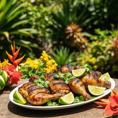 Platter of perfectly grilled Jamaican jerk chicken with vibrant garnishes