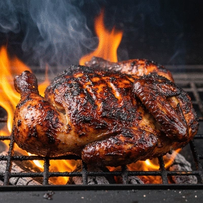 Traditional jerk chicken being grilled over pimento wood, smoky atmosphere, vibrant colors