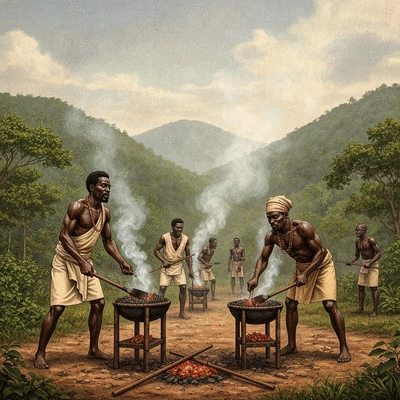 Historical depiction of Maroons cooking jerk in the Jamaican hills