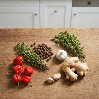 Assortment of fresh spices and herbs for jerk marinade on a rustic wooden table