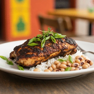 Delicious jerk chicken dish with rice and peas on a plate, garnished with fresh herbs, in a vibrant setting