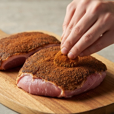 Close-up of jerk pork being seasoned with a dry rub, hands applying spices, a rustic wooden board, no text, no words, no typography, clean image
