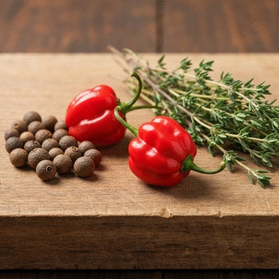 Close-up of fresh jerk seasoning ingredients: allspice berries, scotch bonnet peppers, and thyme sprigs on a rustic wooden board, professional food photography