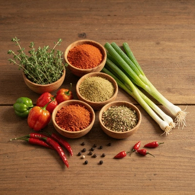 Variety of pimento spices on a wooden table, vibrant colors