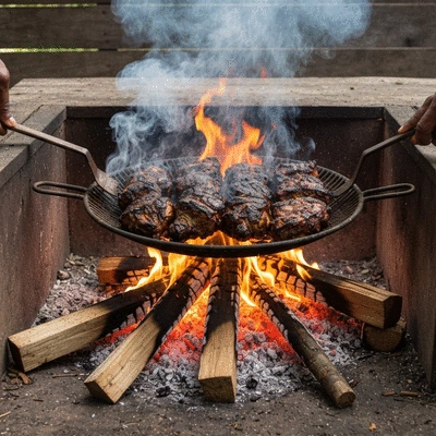 Traditional jerk cooking on pimento wood over an open fire, rustic setting, focus on smoke and spices