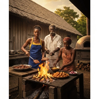 Traditional Jamaican jerk cooking scene with historical elements, no text