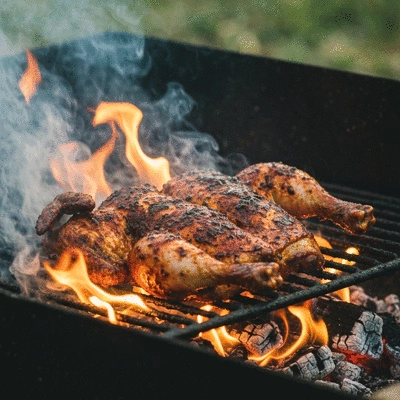 Traditional Jamaican jerk chicken cooking over pimento wood coals, smoky atmosphere, authentic, no text, no words, no typography, clean image