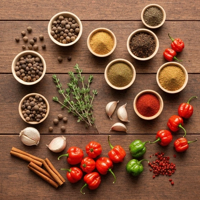 Assortment of fresh jerk spice ingredients including allspice, thyme, and Scotch bonnet peppers on a rustic wooden table