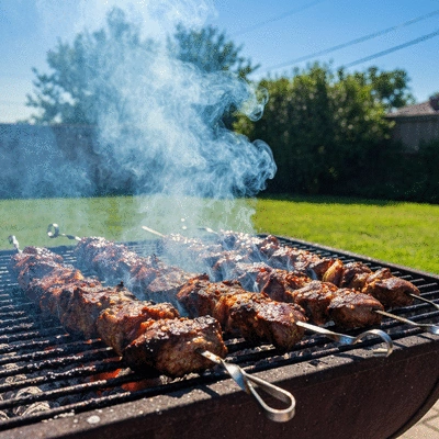 Jerk pork cooking on a grill with smoke and spices
