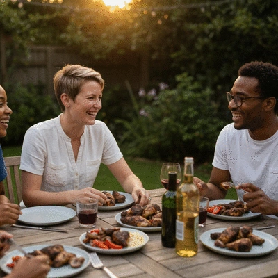 Lifestyle shot of friends or family enjoying a jerk chicken meal together at an outdoor table, laughing and sharing, warm evening lighting, no text, no words, no typography, clean image