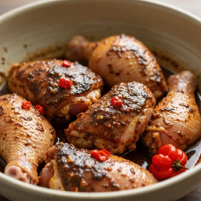 Close-up of jerk chicken marinating in a bowl with visible spices and scotch bonnet peppers