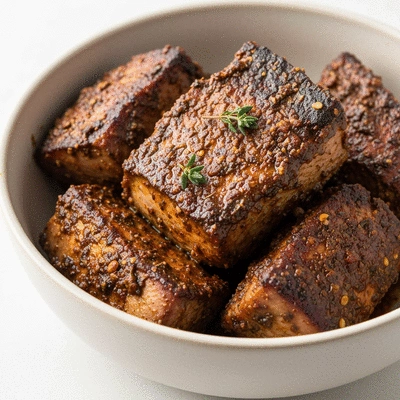 Close-up of jerk pork marinating in a bowl with herbs and spices, vibrant colors, fresh ingredients, no text, no words, no typography, clean image