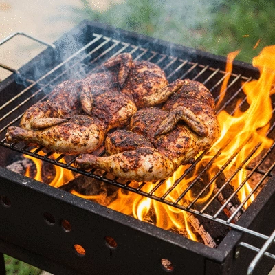 Jerk chicken cooking on a grill, smoky, vibrant, outdoor setting