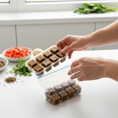 Hands placing frozen jerk marinade cubes from an ice tray into a resealable freezer bag, with other batch-prepped ingredients in the background, clean kitchen setting, no text, no words, no typography, 8K
