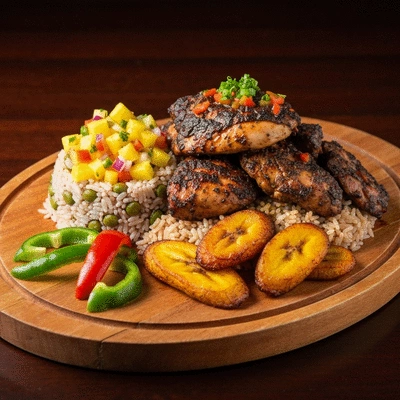 Deliciously grilled jerk chicken and pork on a plate with traditional accompaniments like rice and peas, pineapple salsa, and fried plantains, ready to be served.