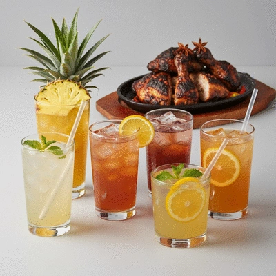 Assortment of vibrant tropical drinks like pineapple shrub, rum cocktail, and citrus mocktail, with a jerk chicken dish in the background.