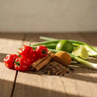 Assortment of fresh jerk cooking ingredients including Scotch bonnet peppers, pimento wood, and spices on a rustic wooden table