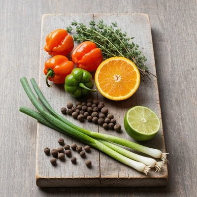Assortment of fresh Jamaican jerk marinade ingredients on a wooden board, including Scotch bonnet peppers, allspice berries, thyme, scallions, and citrus slices, no text, no words, no typography, clean image