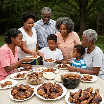 A family enjoying Jamaican jerk chicken at a community gathering, vibrant atmosphere, delicious food, no text, no words, no typography, 8K, natural lighting