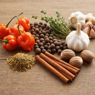 Assortment of fresh and dried spices used in Jamaican jerk seasoning