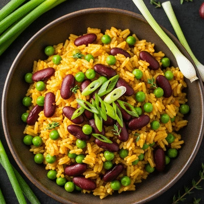 A vibrant dish of Jamaican rice and peas with kidney beans, garnished with fresh herbs
