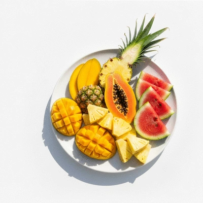 Vibrant platter of tropical fruits like mango, pineapple, papaya, and watermelon