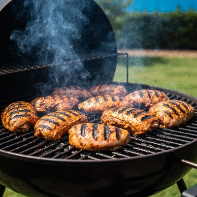 Jerk chicken marinating on a grill, ready for cooking