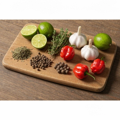 Assortment of fresh jerk chicken marinade spices on a rustic wooden board