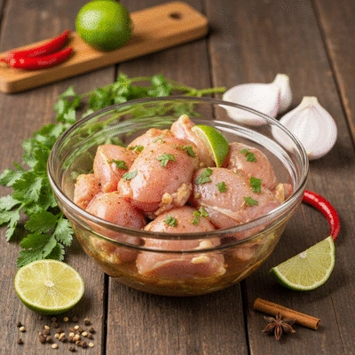 Chicken pieces marinating in a bowl with herbs and spices