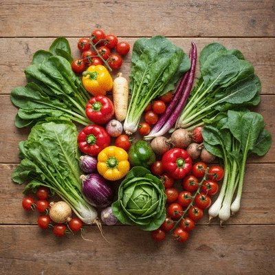 A vibrant assortment of fresh, seasonal vegetables on a rustic wooden table