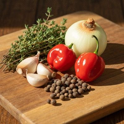 Close-up of fresh ingredients for jerk marinade, featuring allspice, thyme, scotch bonnet peppers, garlic, and onion on a rustic wooden board, clean image, no text.