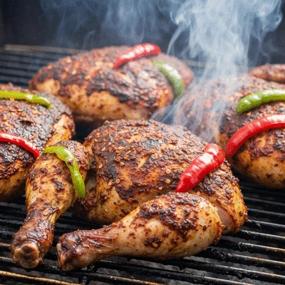 Jerk chicken cooking on a grill, smoky, vibrant colors